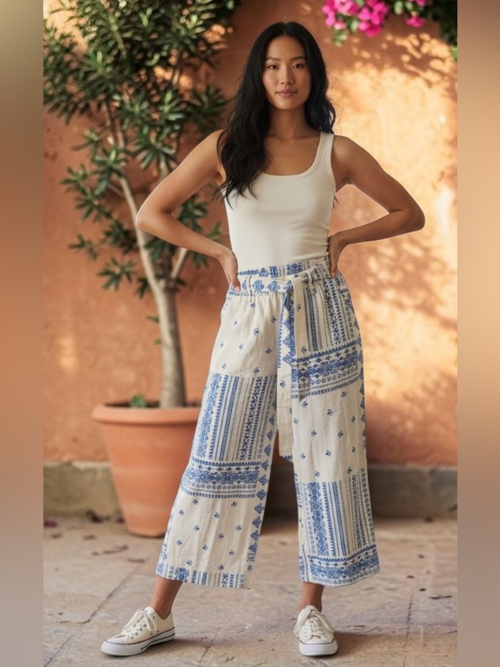 Joie Cream & Blue Printed Tie-Waist Wide-Leg Pants